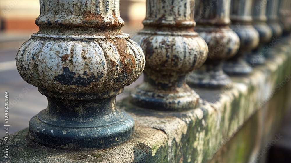 Poster close-up shot of a row of iron railings with intricate details and texture