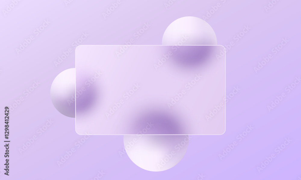Poster transparent glass partition with floating lilac spheres on a light gradient background. landing page