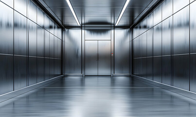 Fototapeta premium Futuristic atmosphere in room with sleek metal walls and floors.