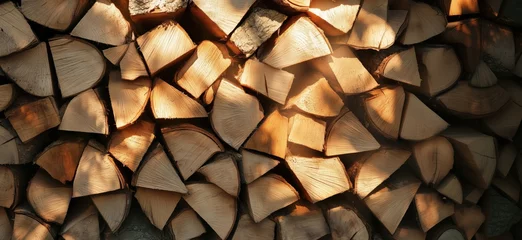 Fototapeten Stacked firewood logs with warm sunlight creating beautiful patterns and textures, copy space for text © k_viktar
