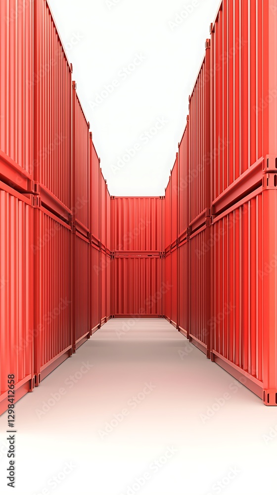Poster a narrow passageway lined with bright red shipping containers, creating a striking visual perspectiv