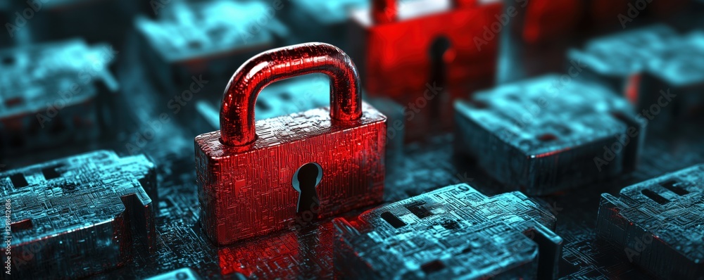Poster digital security lock on circuit board representing cybersecurity and data protection, copy space fo