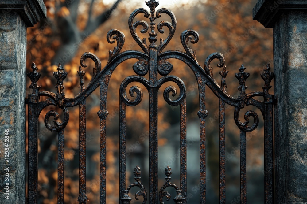 Poster a close-up view of an old iron gate with a tree growing in the background, providing shade and seren