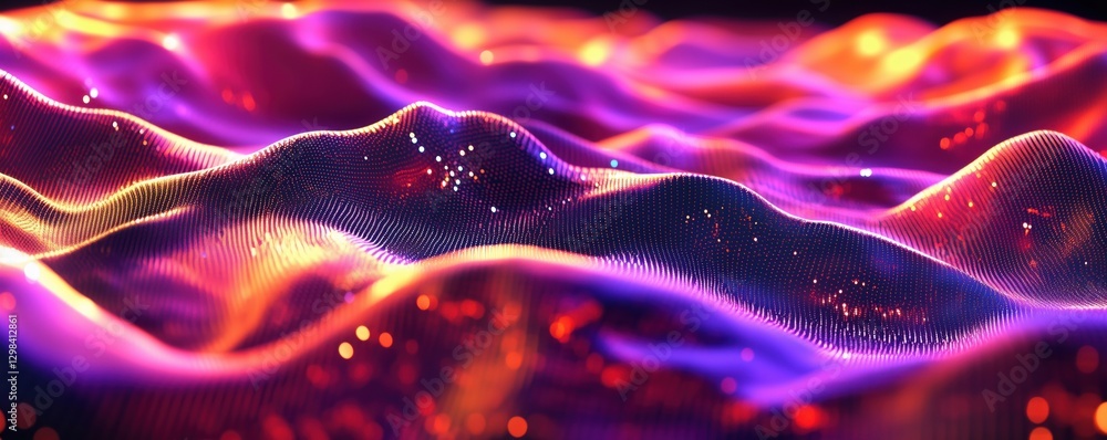 Poster colorful abstract wave patterns with glowing lights and digital textures, copy space for text