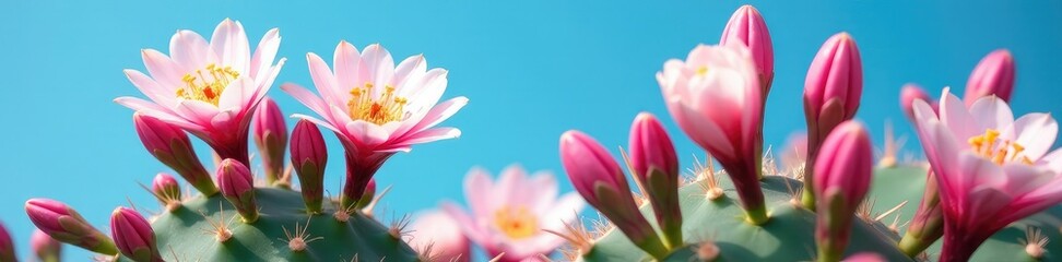Obraz premium Pink and white flowers of the Yimno cactus blooming against a clear blue sky, spring, bloom, cactus