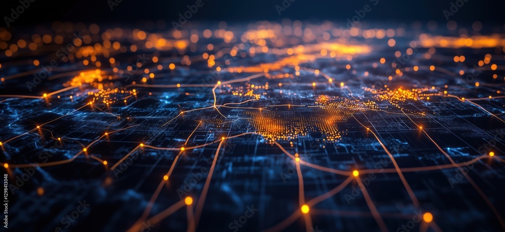 Poster digital network visualization with glowing nodes and connections across a global map, copy space for