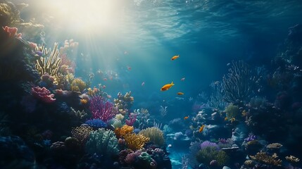 Fototapeta premium Vibrant underwater scene with colorful coral reefs and fish swimming in sunlight.