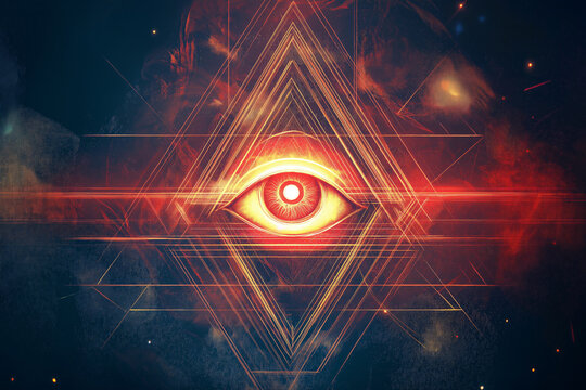Geometric tattoo of a sacred triangle with a glowing third eye in the center, minimal lines and soft shading.