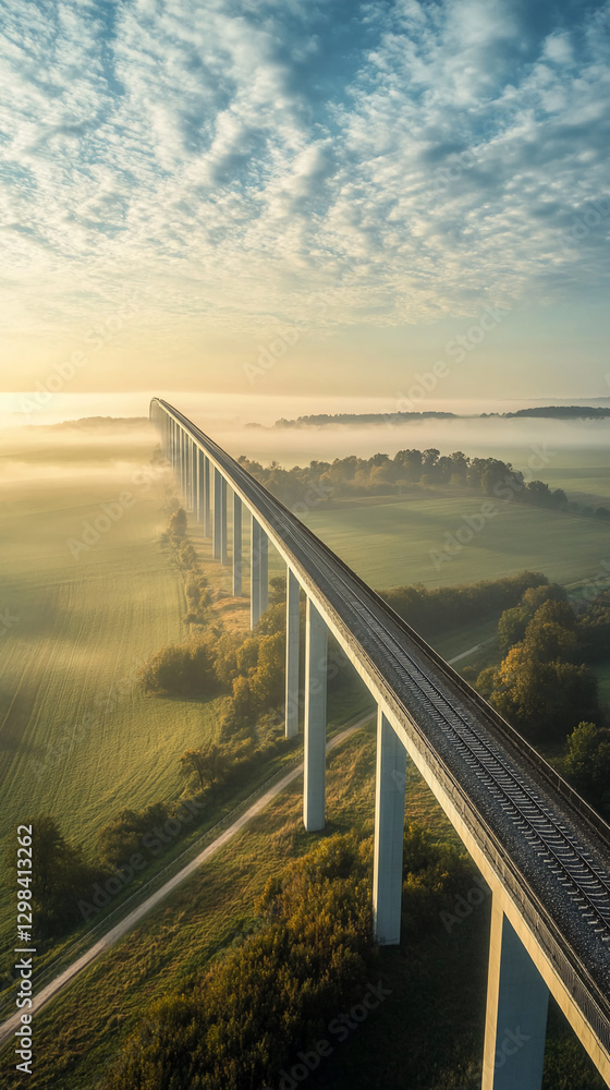 Poster Aerial view of a bridge stretching across the landscape with fields and trees in the misty morning light. The image symbolizes progress, connectivity, and modern infrastructure.