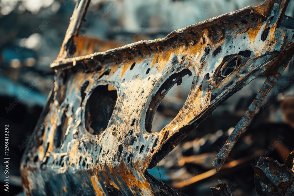 Poster a close-up shot of a rusty metal object with multiple holes