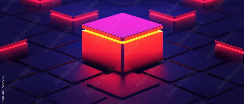 Poster digital technological proficiency infographics concept. glowing cube in futuristic neon polygon grid