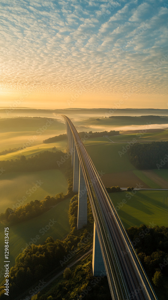 Poster Aerial view of a long bridge passing over fields and trees, captured in the early morning light with mist rolling in. The photo showcases modern infrastructure, connectivity, and tranquility.