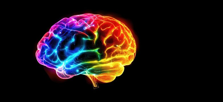 Colorful neon brain illustration showcasing neural connections and activity, copy space for text