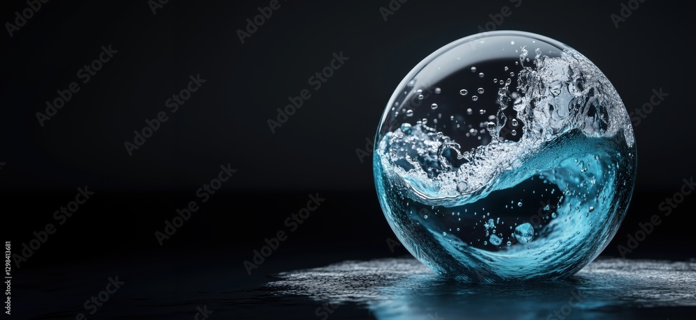 Poster water sphere with splashes and bubbles on dark background showcasing fluid dynamics, copy space for 