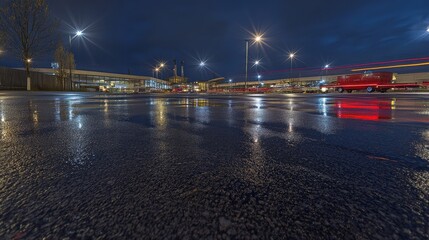 Long Exposure Night Shot of Empty Airport Parking Lot Reflections