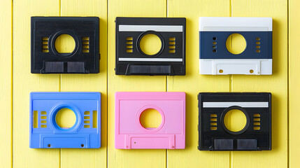 Fototapeta premium Arrangement of Six Colorful Cassette Tapes on a Bright Yellow Surface Top View