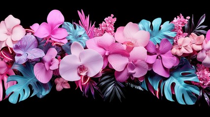 Colorful Tropical Floral Arrangement with Vibrant Orchids and Leaves