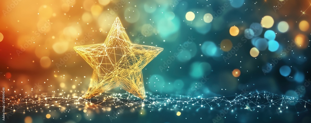 Poster glowing star with abstract bokeh background and sparkling lights for festive themes, copy space for 
