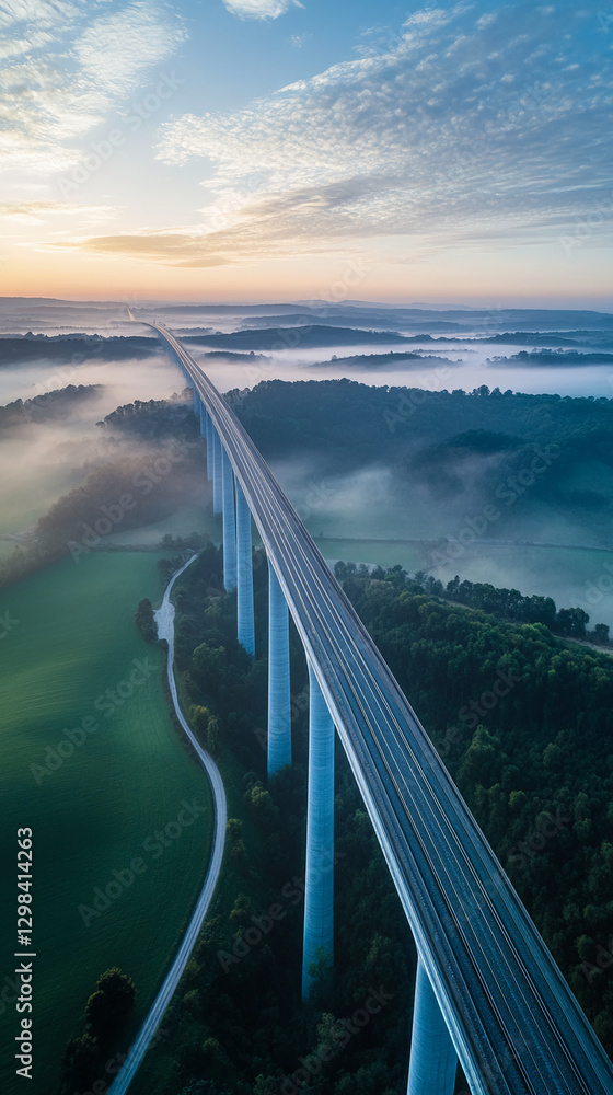 Poster aerial view of a highway bridge spanning over the misty countryside in the early morning, with a cur