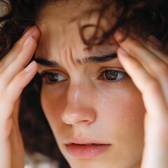 Woman with Headache Touching her Forehead