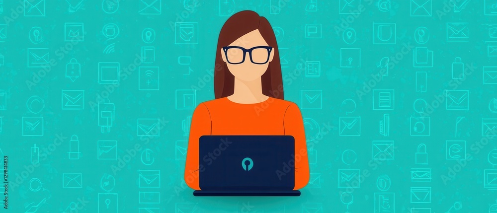Poster digital technological proficiency infographics concept. woman coding on laptop for cybersecurity and