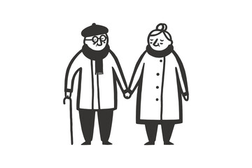 Happy elderly couple walking hand in hand, minimalistic line art