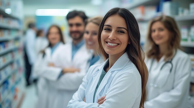 Group of smiling female pharmacists. Pharmacists and healthcare professionals working together at a pharmacy. A group of chemists working together on a camera. A collection of lifestyle cheerful.