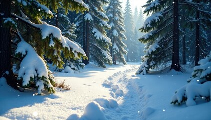 Shadows of evergreen trees on a snowy forest floor, evergreen trees, forest ambiance, snowfall