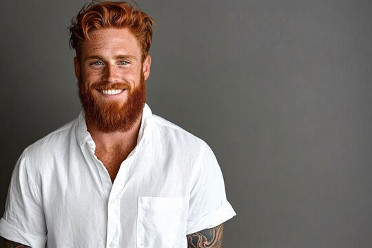 A warm and inviting portrait of a smiling redhead man in a white shirt, ideal for personal branding, lifestyle blogs, and creative campaigns focusing on individuality and style.