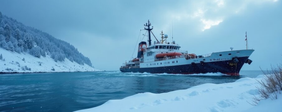 Ship buried under thick layer of Angara river's snow, winter, cold