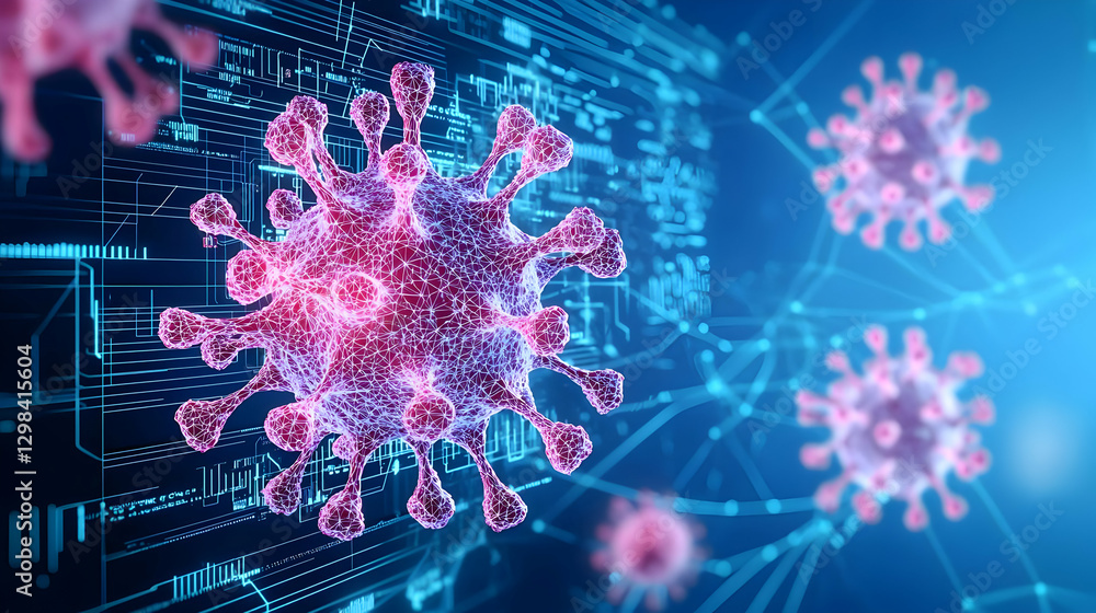 Poster abstract digital rendering of microscopic virus cells with glowing blue background