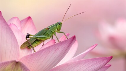 A Grasshopper's Embrace: A vibrant green grasshopper perches delicately on the petal of a soft pink lotus flower, creating a perfect harmony in the gentle embrace of nature.