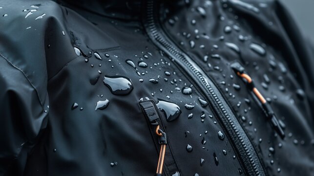 Close-up of waterproof jacket with raindrops on surface. Outdoor gear, rain protection.