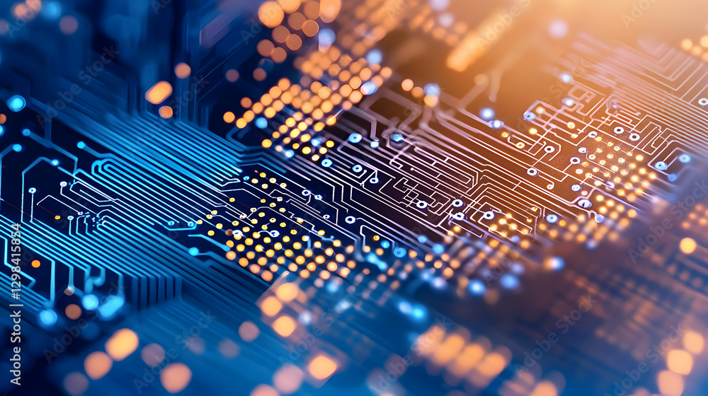 Poster intricate blue and orange circuit board technology displaying electronic microchip components