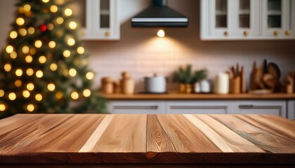 Empty table in the kitchen for presentation. Christmas decor.