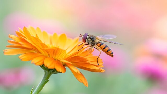 Floral Embrace: A hoverfly delicately rests on a vibrant orange flower, capturing the beauty of the symbiotic relationship in nature's delicate dance, bathed in soft, warm sunlight.