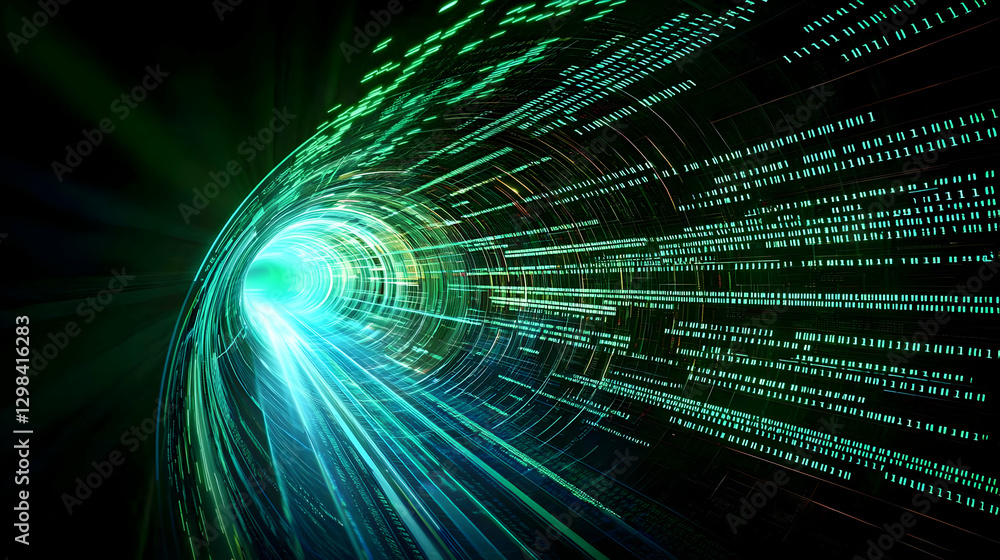 Poster abstract digital tunnel with green and blue lights representing data flow