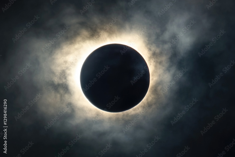 Poster solar eclipse in the dark sky with the sun partially covered by the moon's shadow, great for astrono