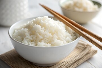 Minimalistic photo of a simple yet elegant bowl of plain steamed rice with chopsticks, extreme close-up emphasizing soft, fluffy grains, softly blurred background.