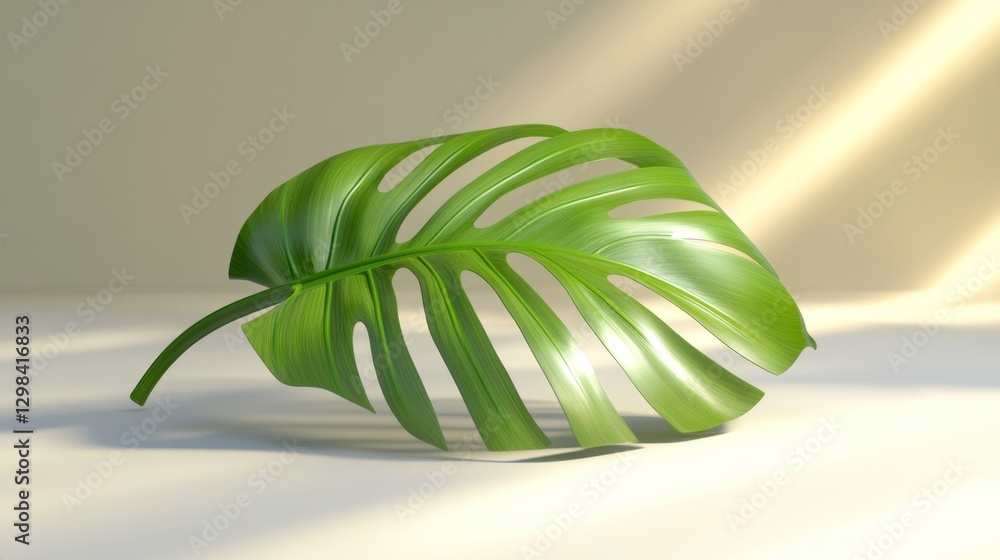 Poster smooth 3d rendered tropical leaf with soft shadows on background