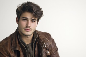 Obraz premium Young man in a brown leather jacket with wavy hair looking at the camera. Stylish urban fashion and confidence. Isolated portrait