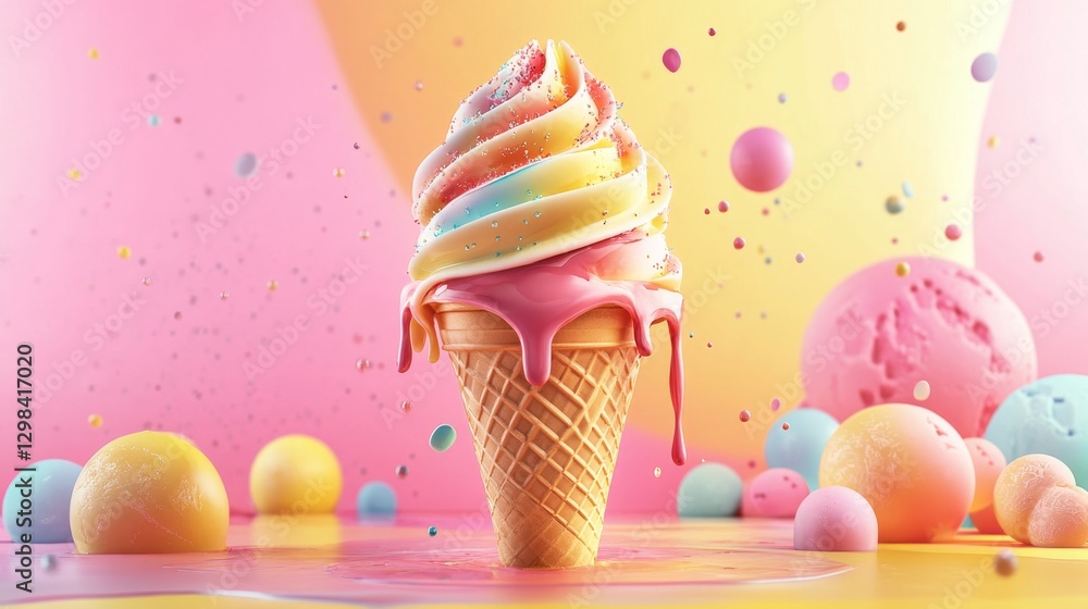 Poster vibrant 3d ice cream cone with dripping effect and colorful background