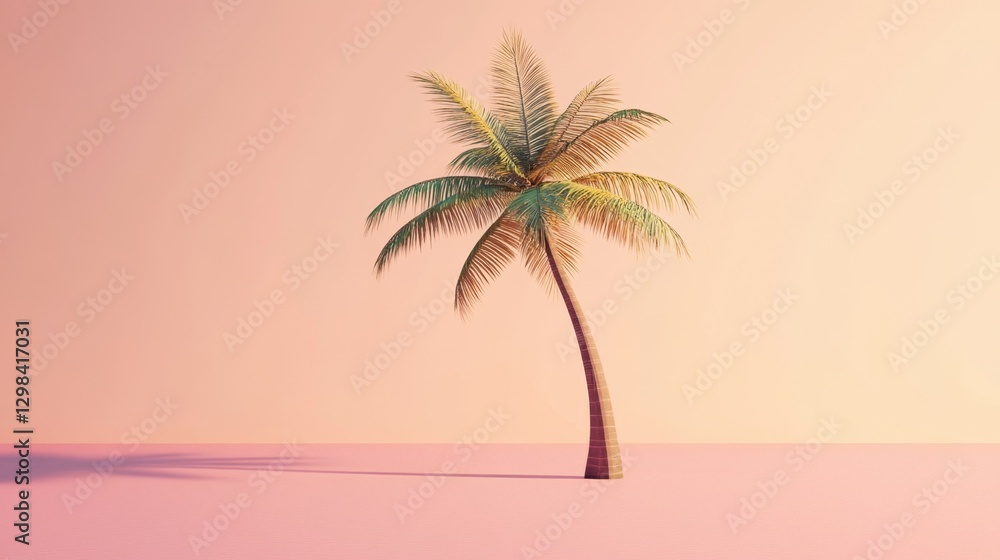 Poster minimalist 3d icon of palm tree with soft shadows and gentle colors