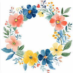 Watercolor illustration, sketch. Cute wreath of delicate spring flowers on white background. Red, blue and yellow flowers, green leaves and plants. Spring, easter, 8 march. Blurred paint stains.