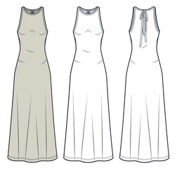 Sleeveless Long Dress Technical Fashion Illustration. Women Jersey Dress fashion flat technical drawing template, crew neck, tie back, front and back view, white, beige, women Dress CAD mockup set.