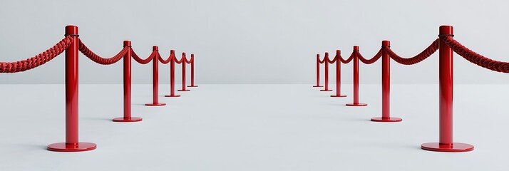 A row of red velvet ropes creating a barrier, often used in events, signifying exclusivity and guiding attendees.