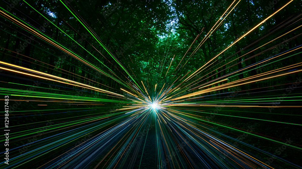 Poster dynamic light streaks through forest tunnel creating abstract artistic background