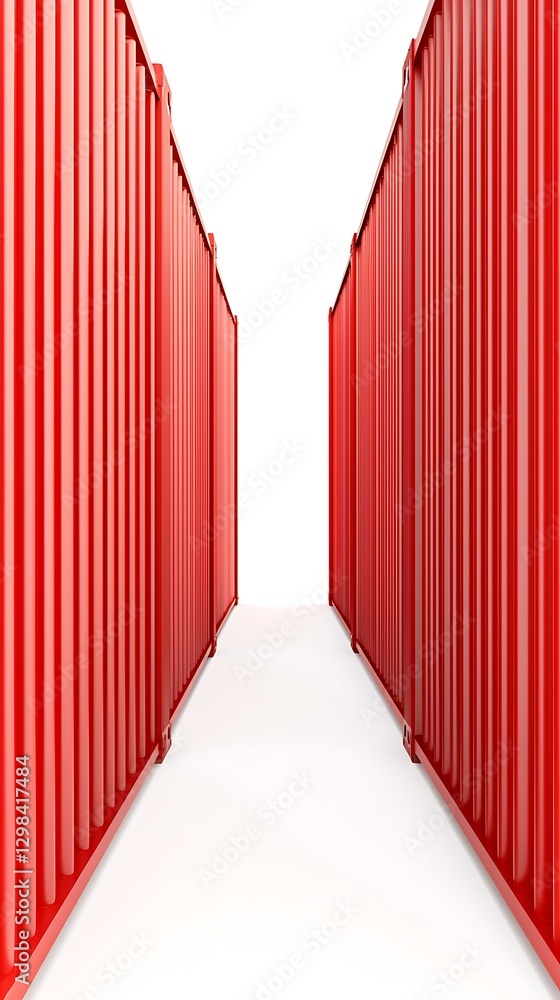 Poster a narrow path between two rows of vibrant red shipping containers, creating a striking visual contra