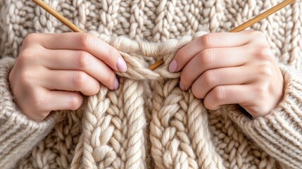 Close Up Beige Chunky Knit Sweater Knitting Process Wooden Needles