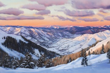 Fototapeta premium Snowy Mountain Range Painting at Sunset with Pink Clouds Above
